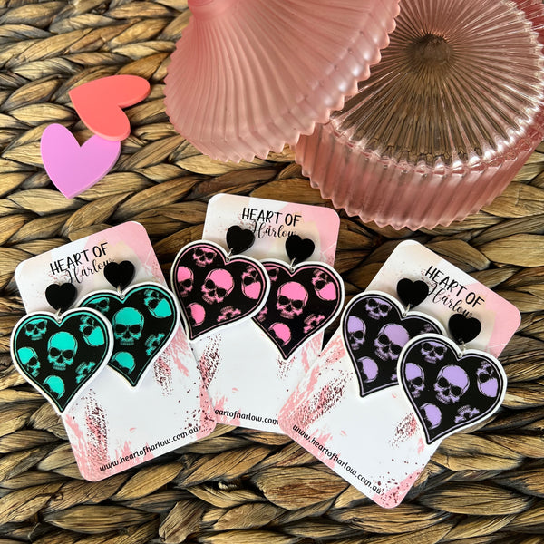 Purple Skull Heart Dangle Earrings