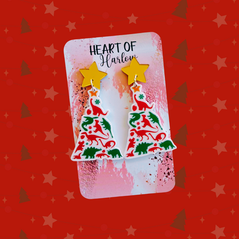 Dino Christmas Tree Dangle Earrings