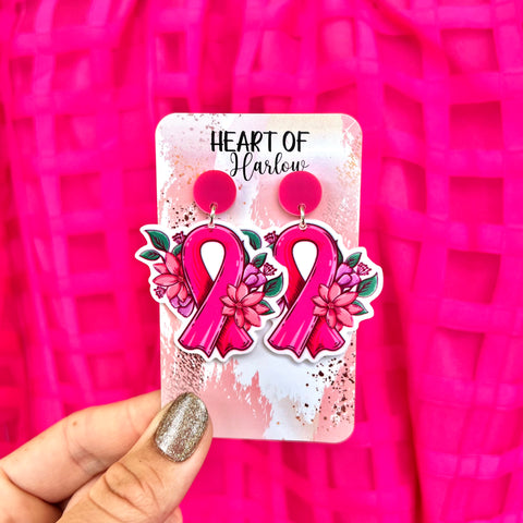 Pink Ribbon Flowers Dangle Earrings