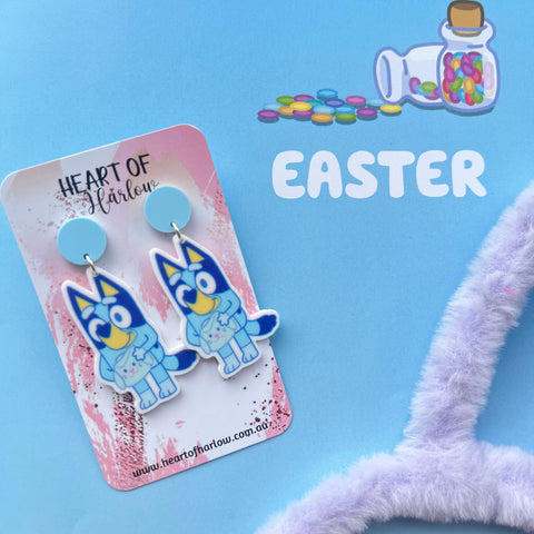 Easter Blue Aussie Dog Dangle Earrings