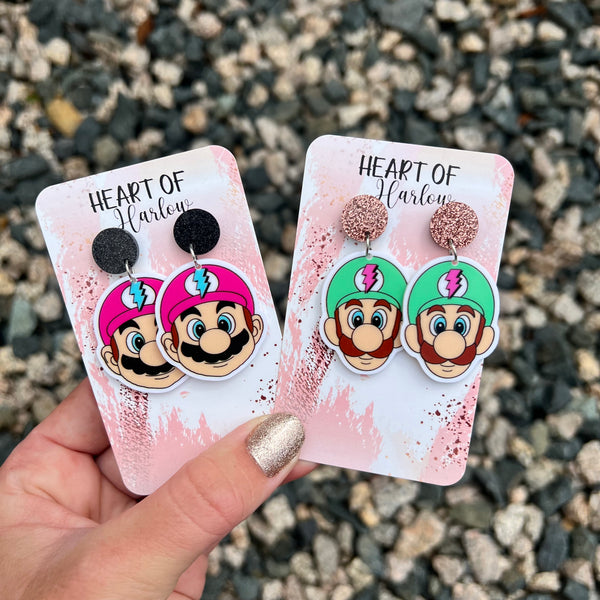 Green Plumber Brothers Head Dangle Earrings