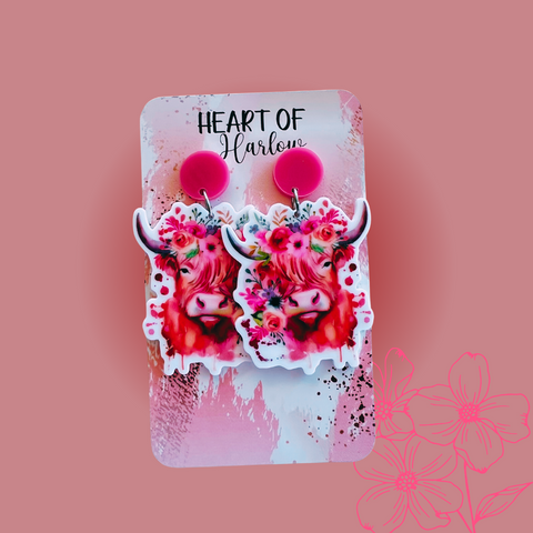 Floral Highland Cow Dangle Earrings