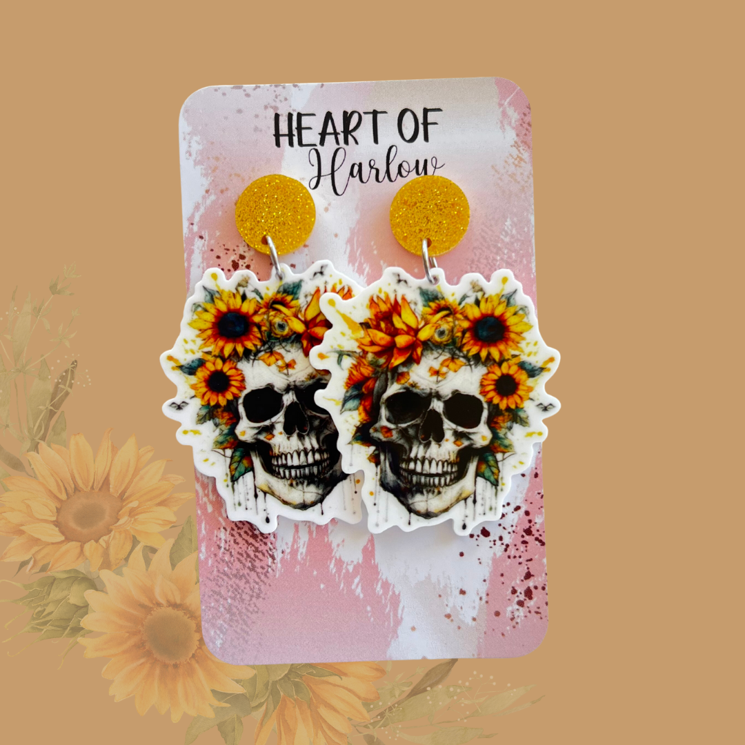 Sunflower Skull Dangle Earrings
