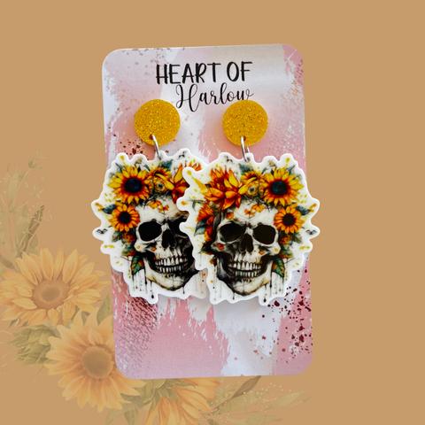 Sunflower Skull Dangle Earrings