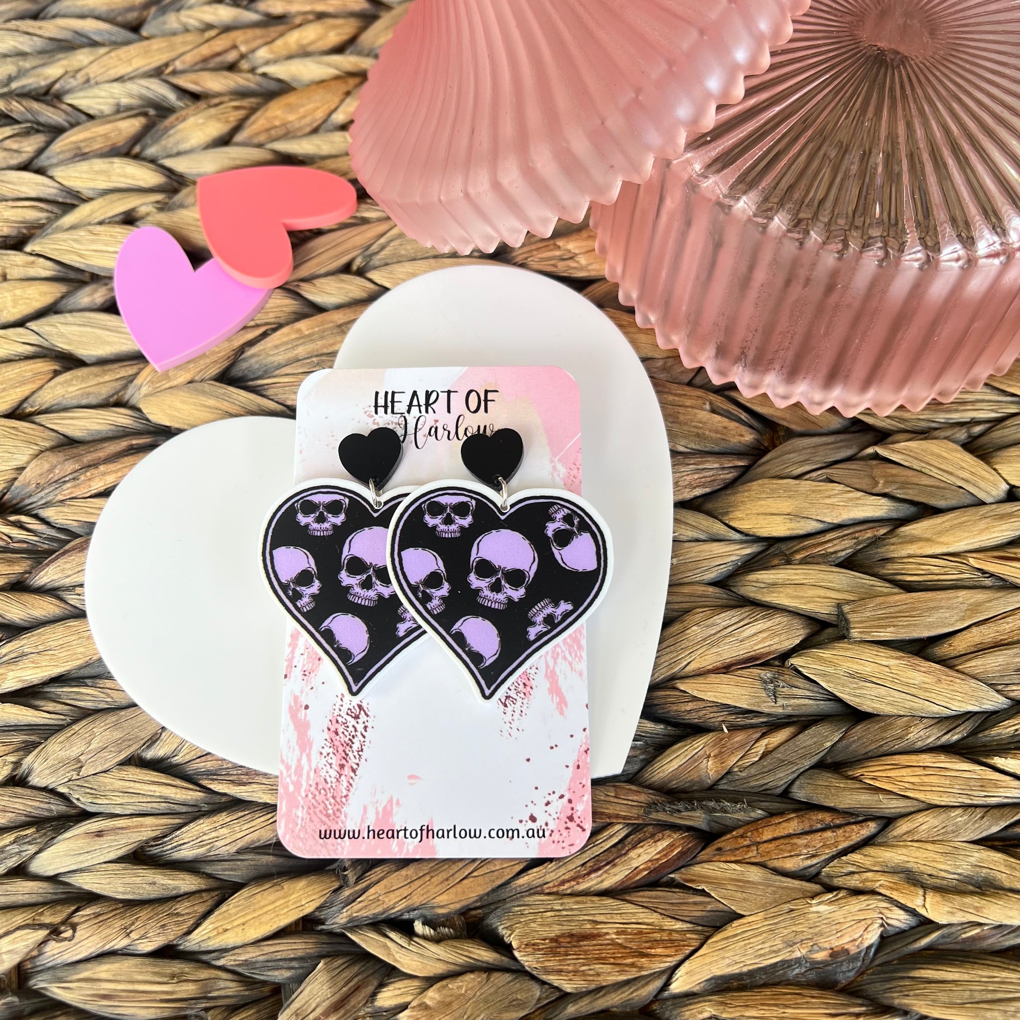 Purple Skull Heart Dangle Earrings