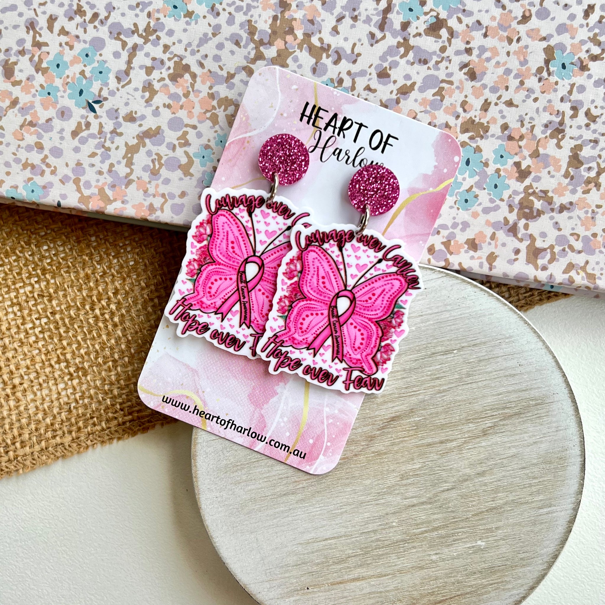 Pink Ribbon Butterfly Dangle Earrings