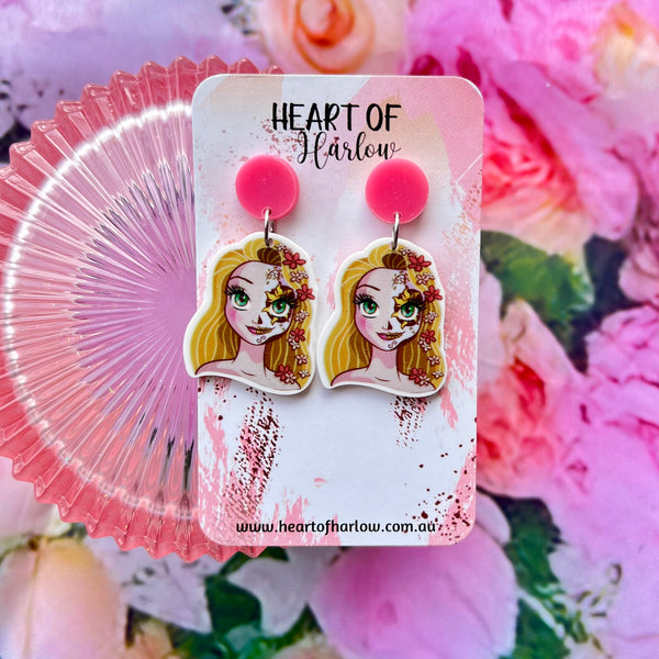 Long Haired Princess Sugar Skull Dangle Earrings