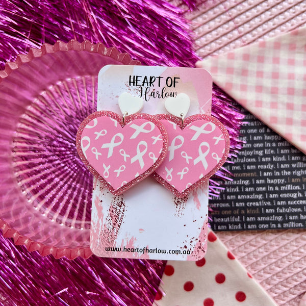 Glitter Pink Ribbon Heart Dangle Earrings
