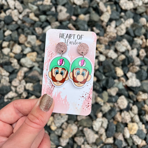 Green Plumber Brothers Head Dangle Earrings