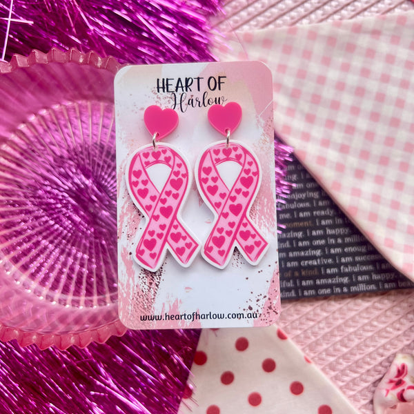 Heart Pink Ribbon Dangle Earrings