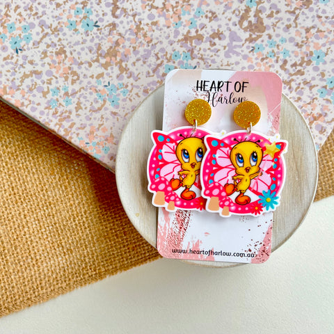 Butterfly Winged Yellow Bird Dangle Earrings