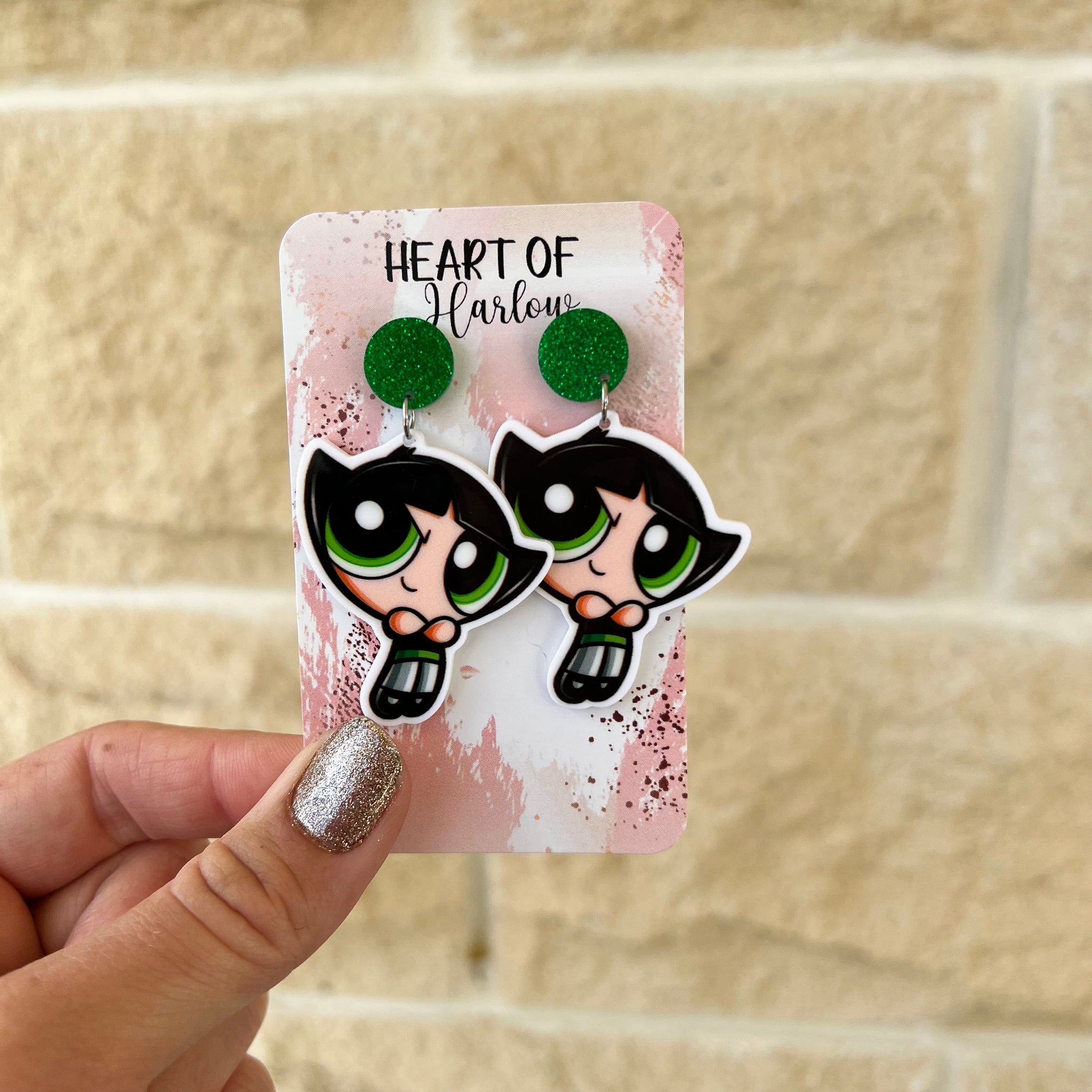 Green Puff Girl Dangle Earrings