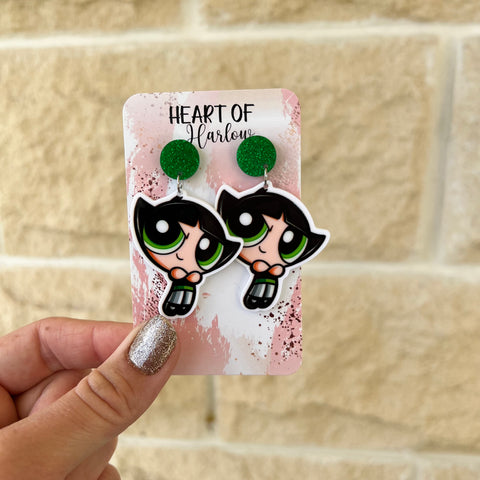 Green Puff Girl Dangle Earrings