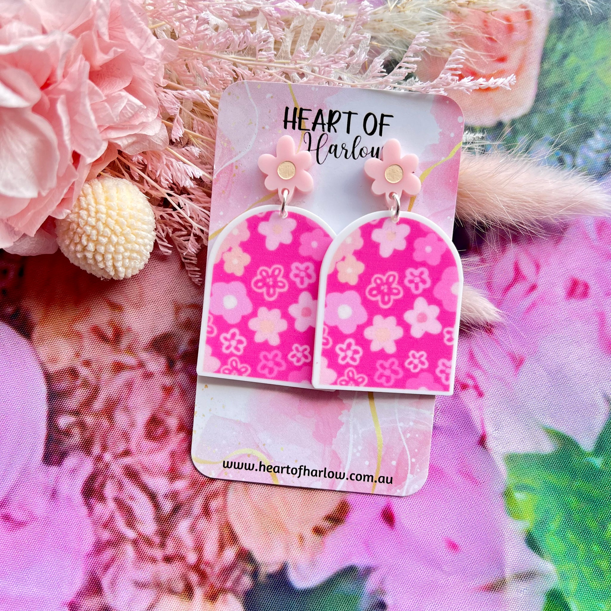 Pink Floral Arch Dangle Earrings