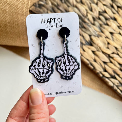 Skeletal Middle Finger Dangle Earrings