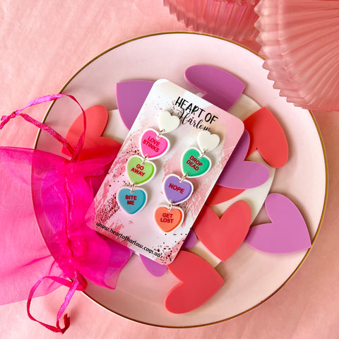 Anti-Love Candy Heart Dangle Earrings