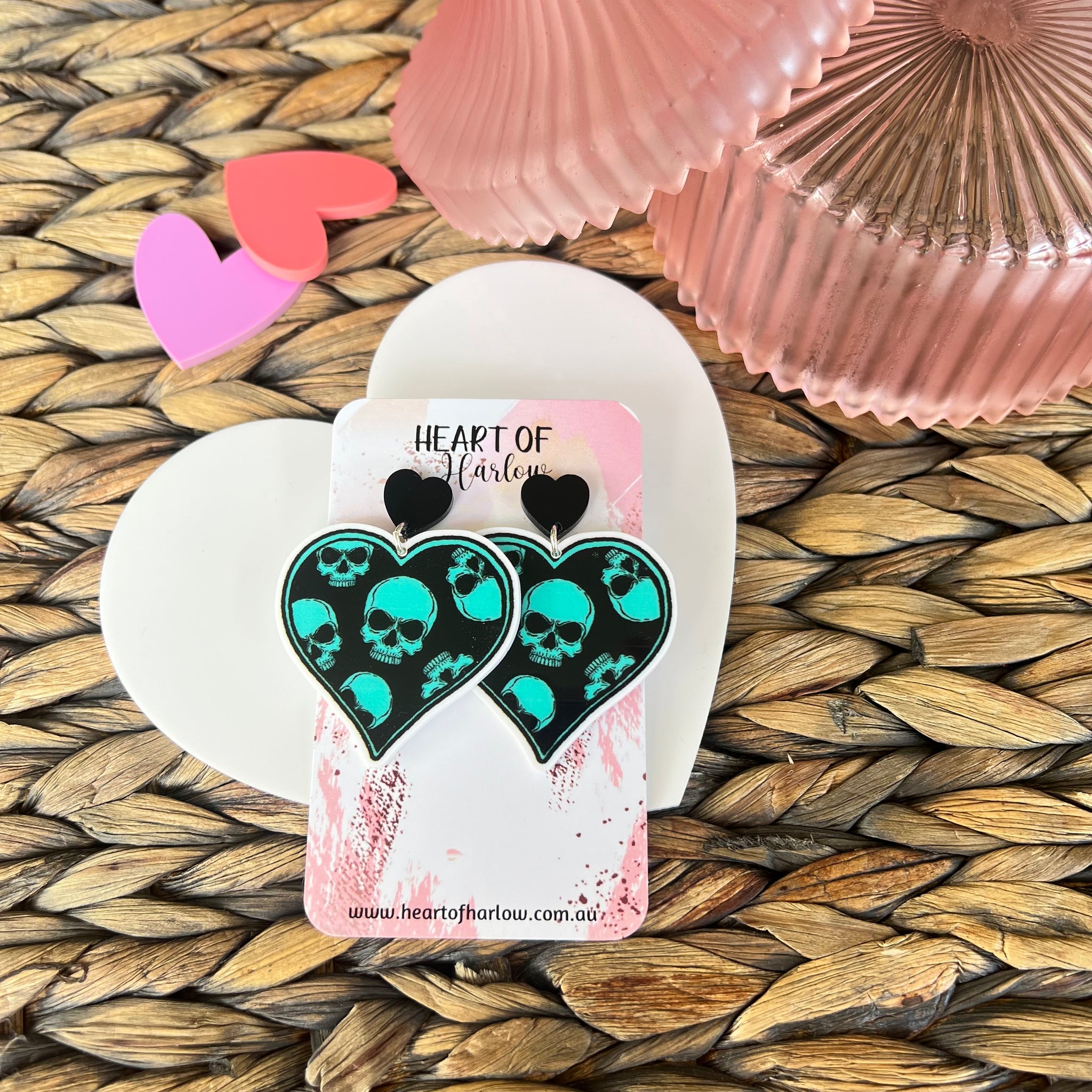 Aqua Skull Heart Dangle Earrings