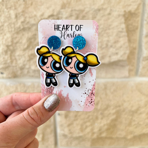 Blue Puff Girl Dangle Earrings