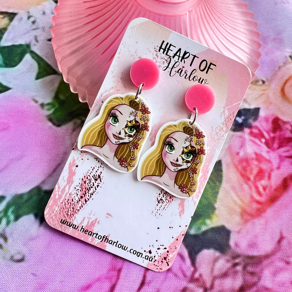 Long Haired Princess Sugar Skull Dangle Earrings