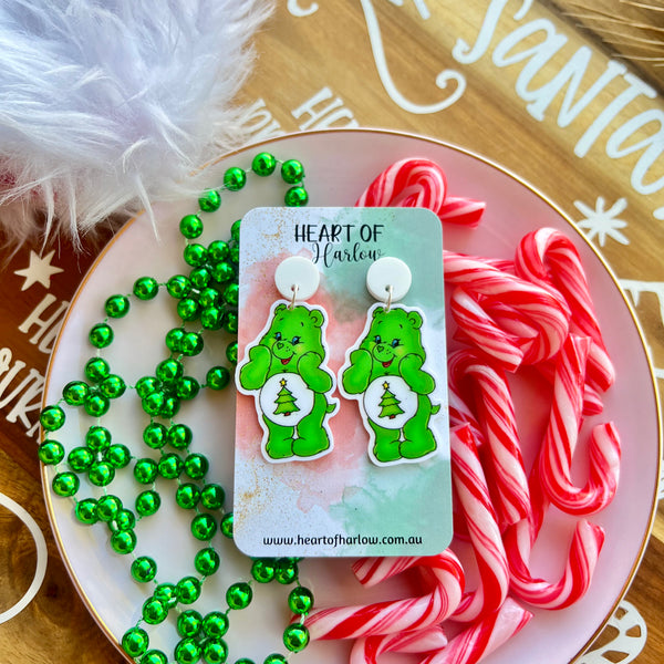 Green Christmas Bear Dangle Earrings