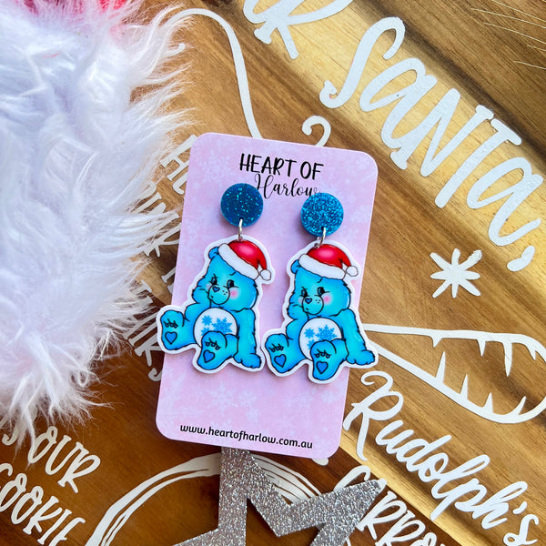 Blue Christmas Bear Dangle Earrings