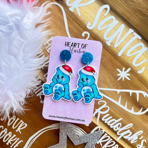 Blue Christmas Bear Dangle Earrings