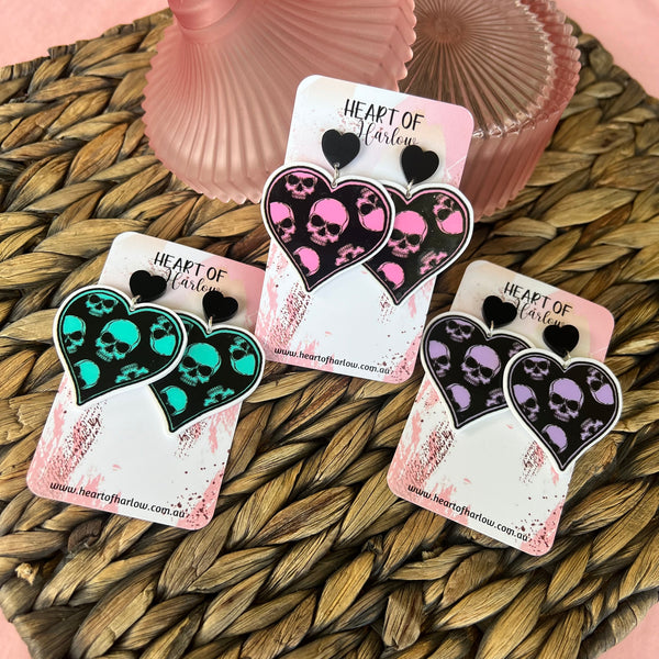 Pink Skull Heart Dangle Earrings