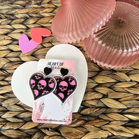 Pink Skull Heart Dangle Earrings