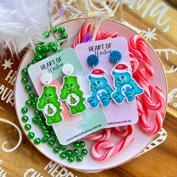 Green Christmas Bear Dangle Earrings