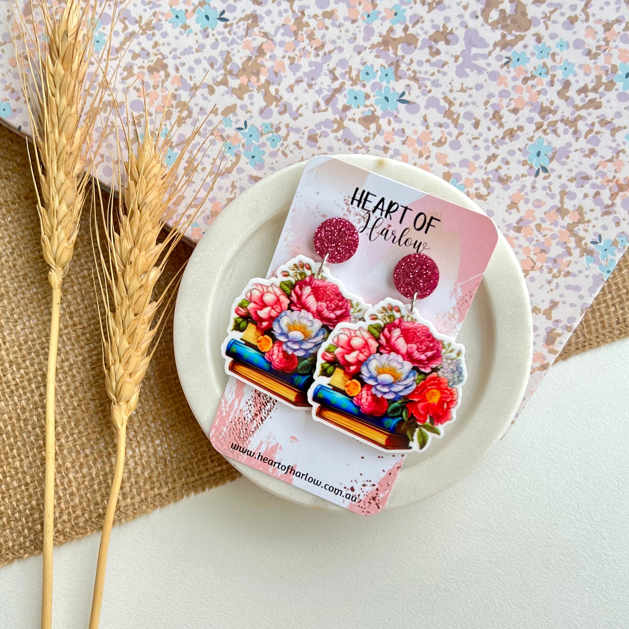 Floral Book Stack Dangle Earrings