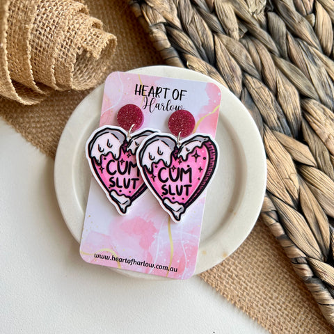 NSFW Cum Slut Heart Dangle Earrings