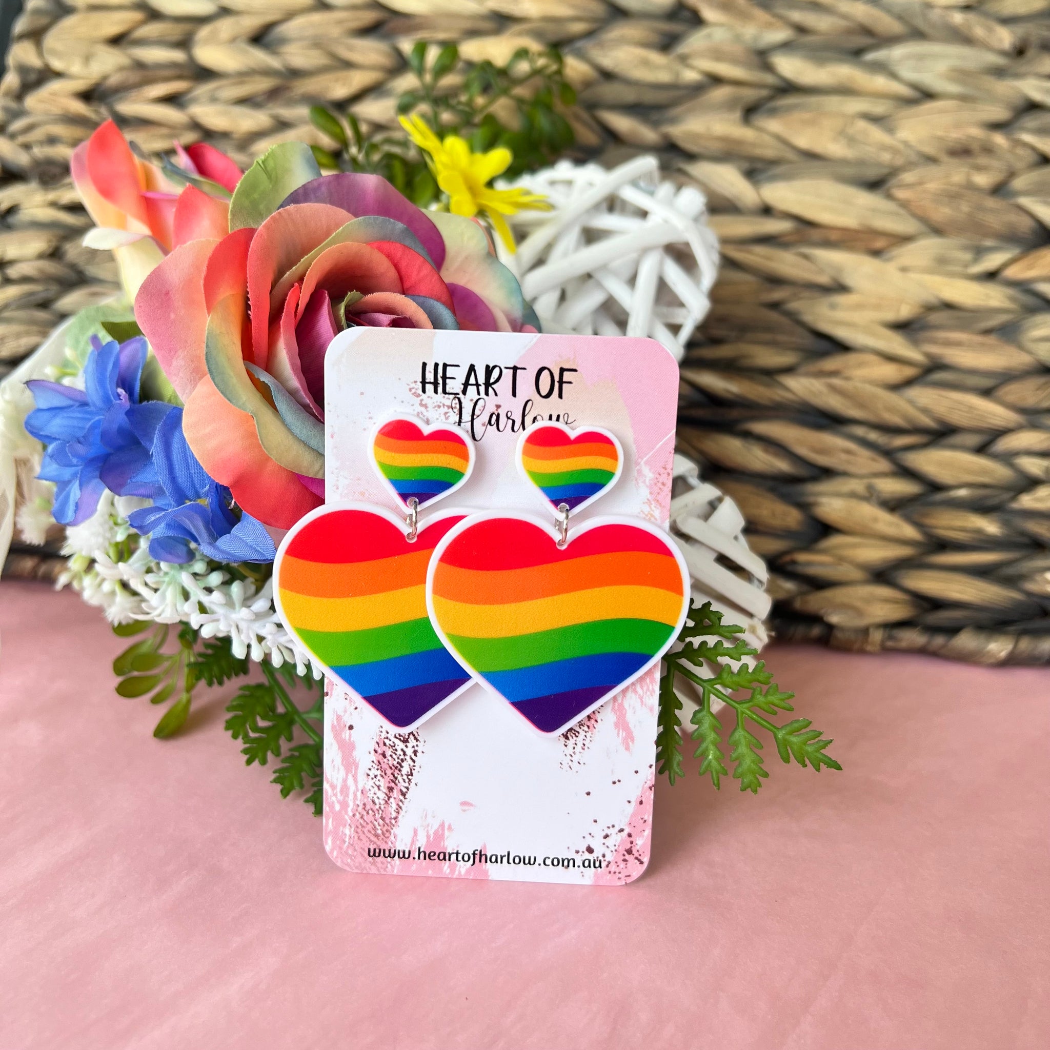 Double Rainbow Heart Dangle Earrings