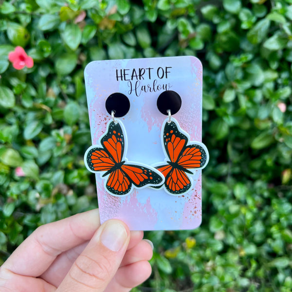 Orange Monarch Butterfly Dangle Earrings