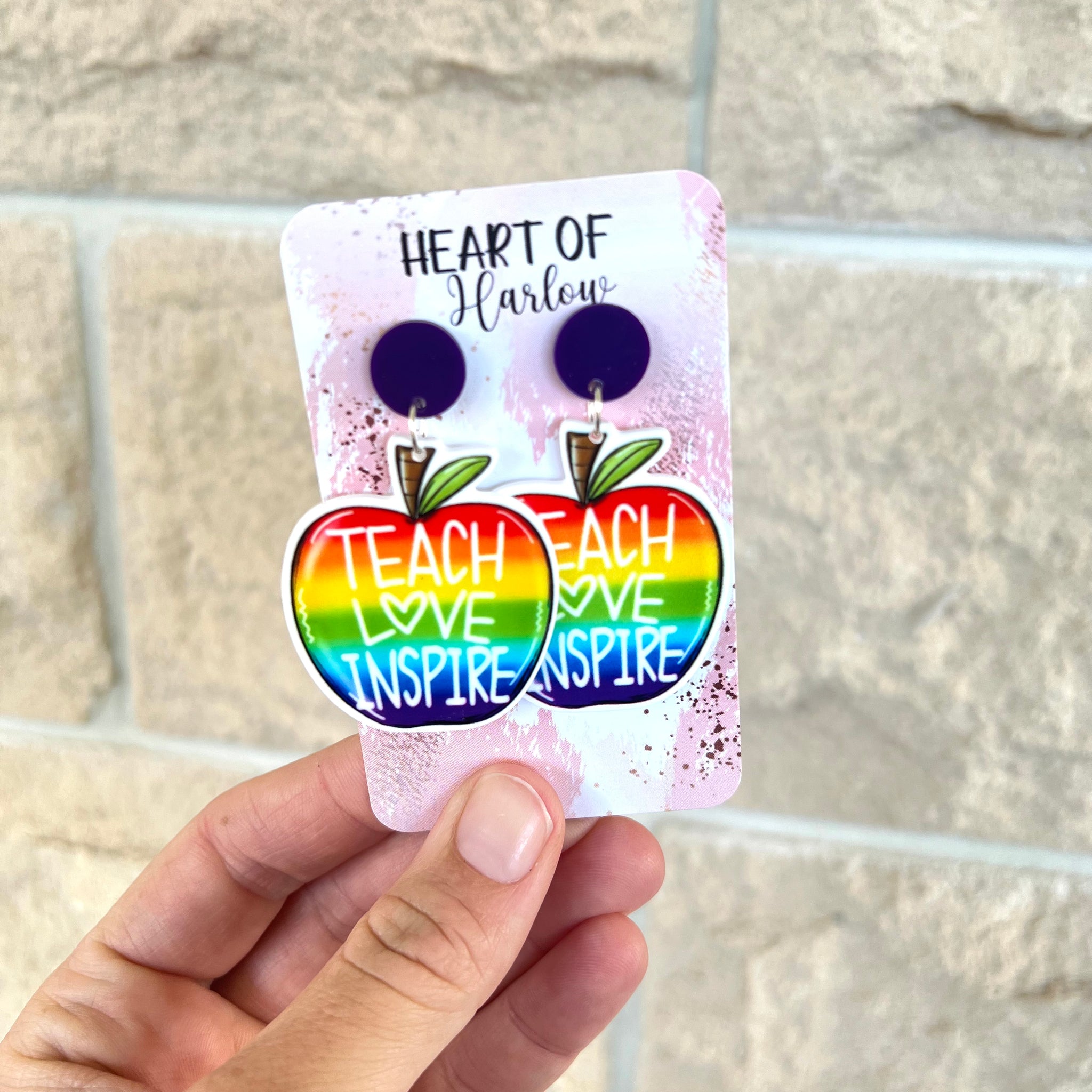 Teach Love Inspire Rainbow Apple Dangle Earrings