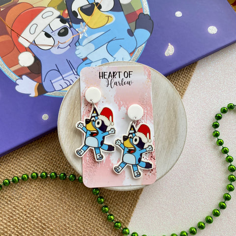Christmas Blue Aussie Dog Dangle Earrings