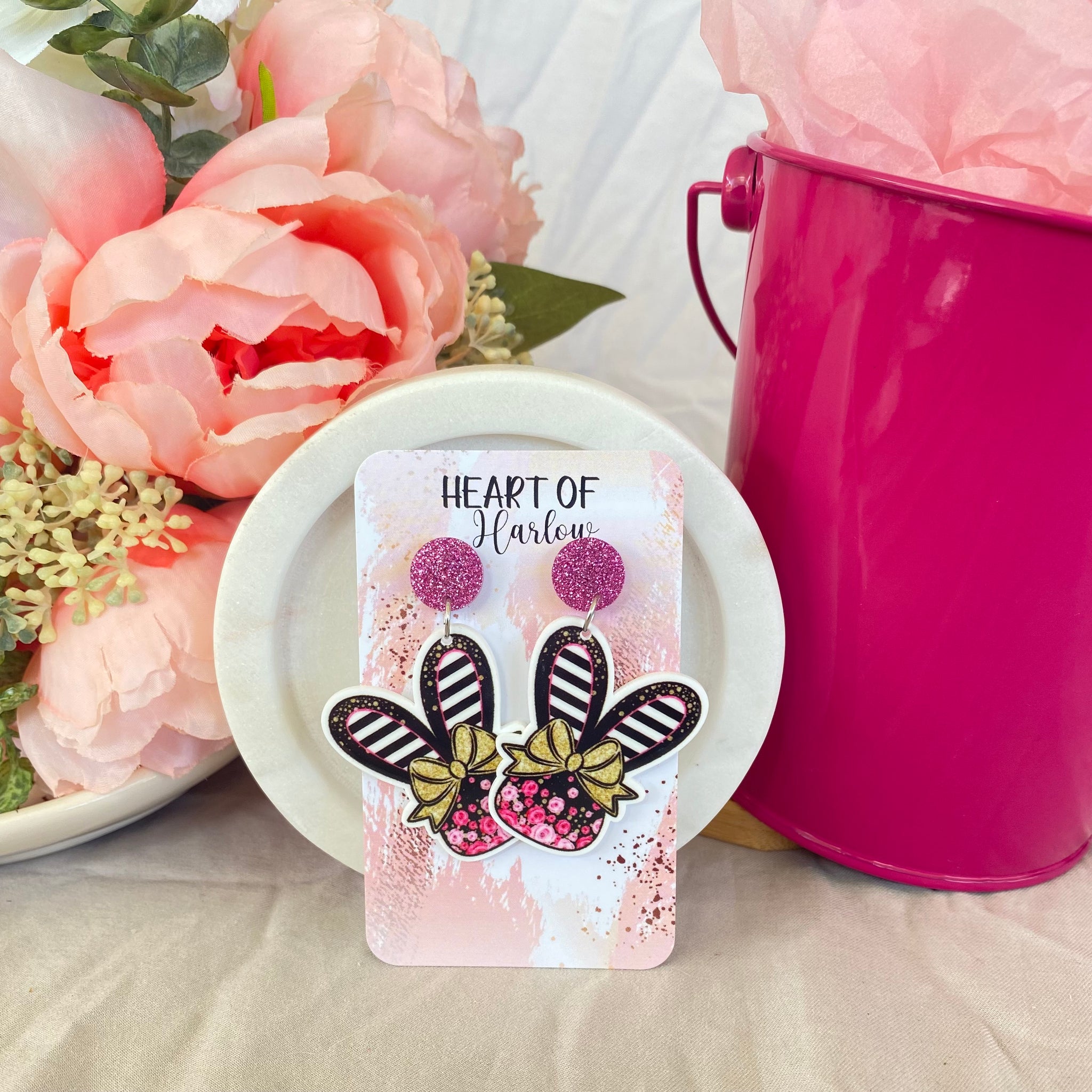 Black, Gold & Pink Floral Bunny Head Dangle Earrings