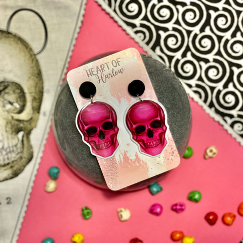 Pink Skull Dangle Earrings