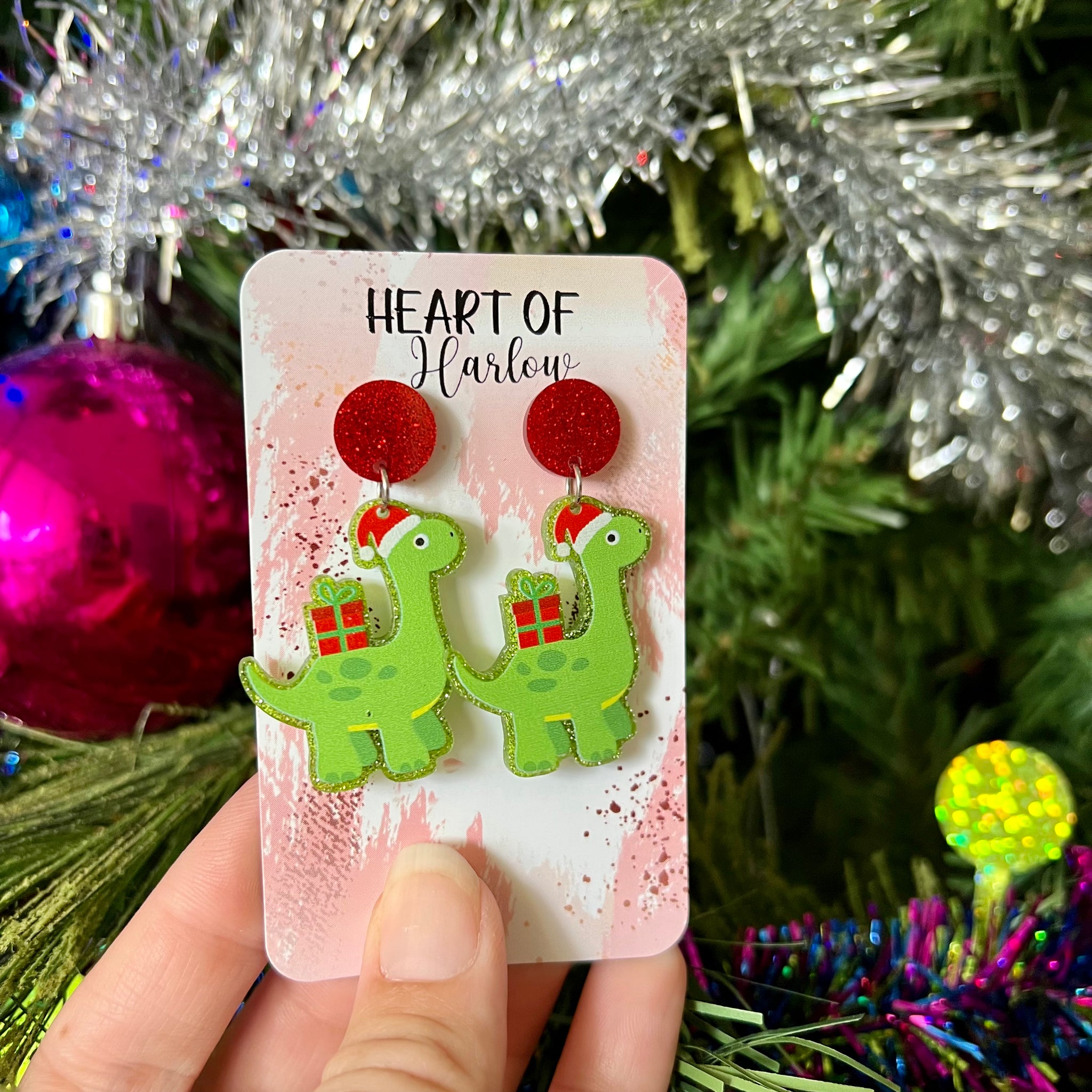 Green Christmas Dinosaur Dangle Earrings
