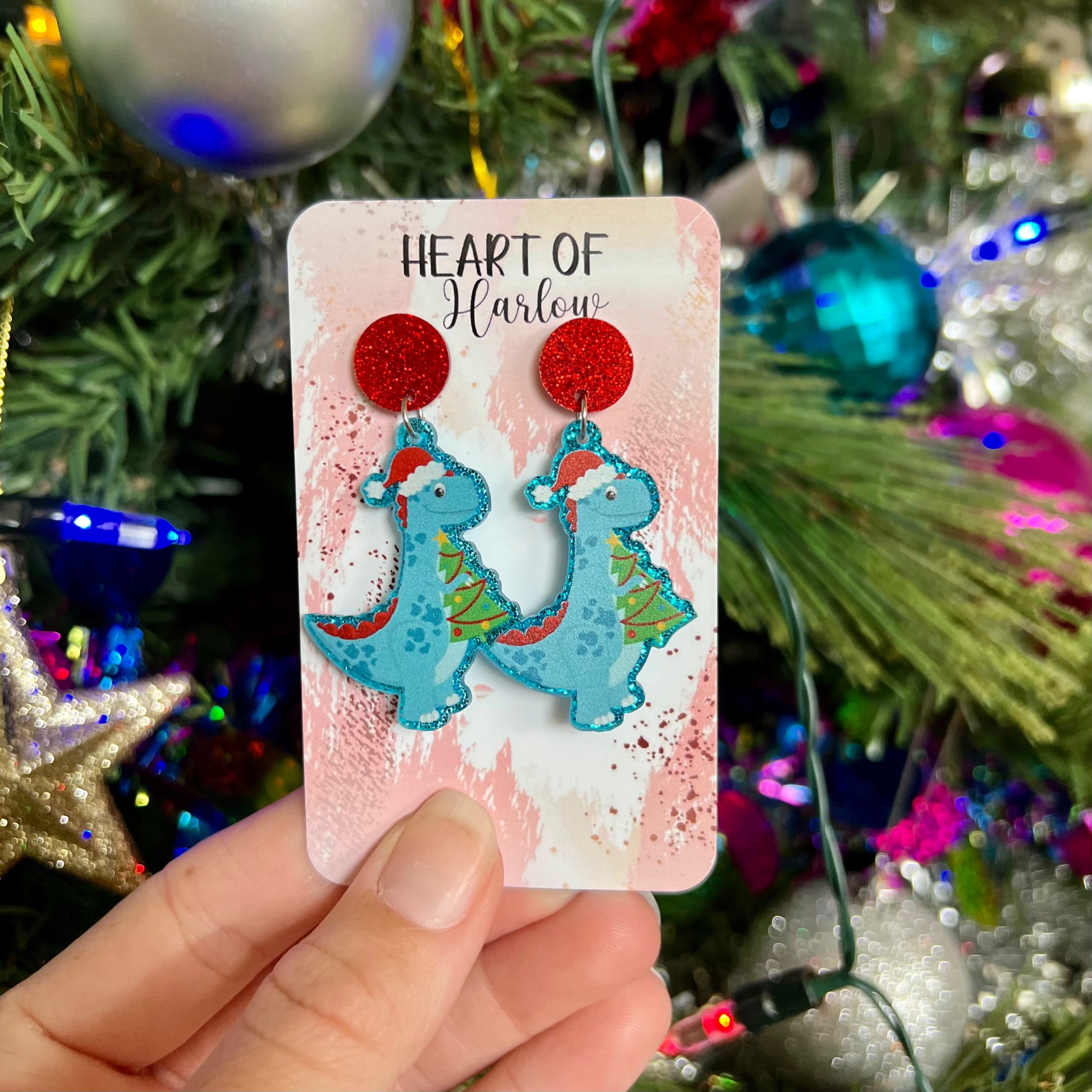 Blue Christmas Dinosaur Dangle Earrings