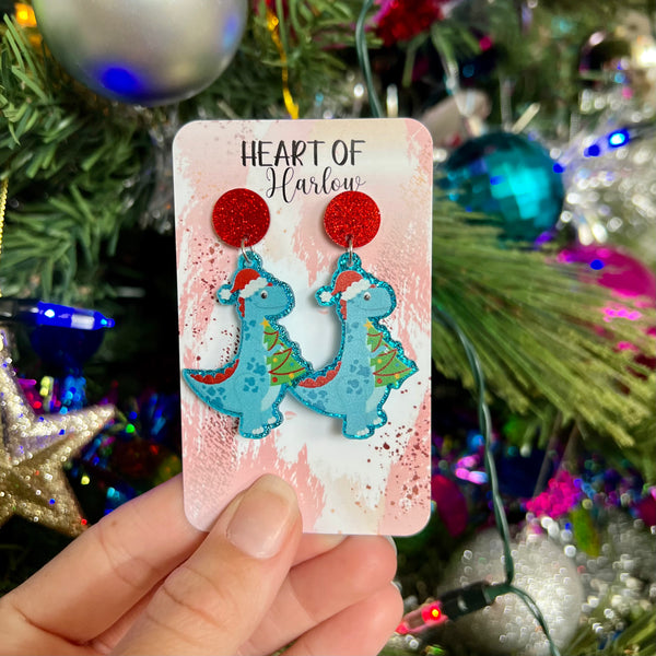 Blue Christmas Dinosaur Dangle Earrings