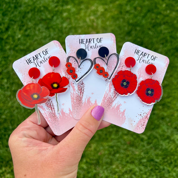 Poppy Flower Heart Dangle Earrings
