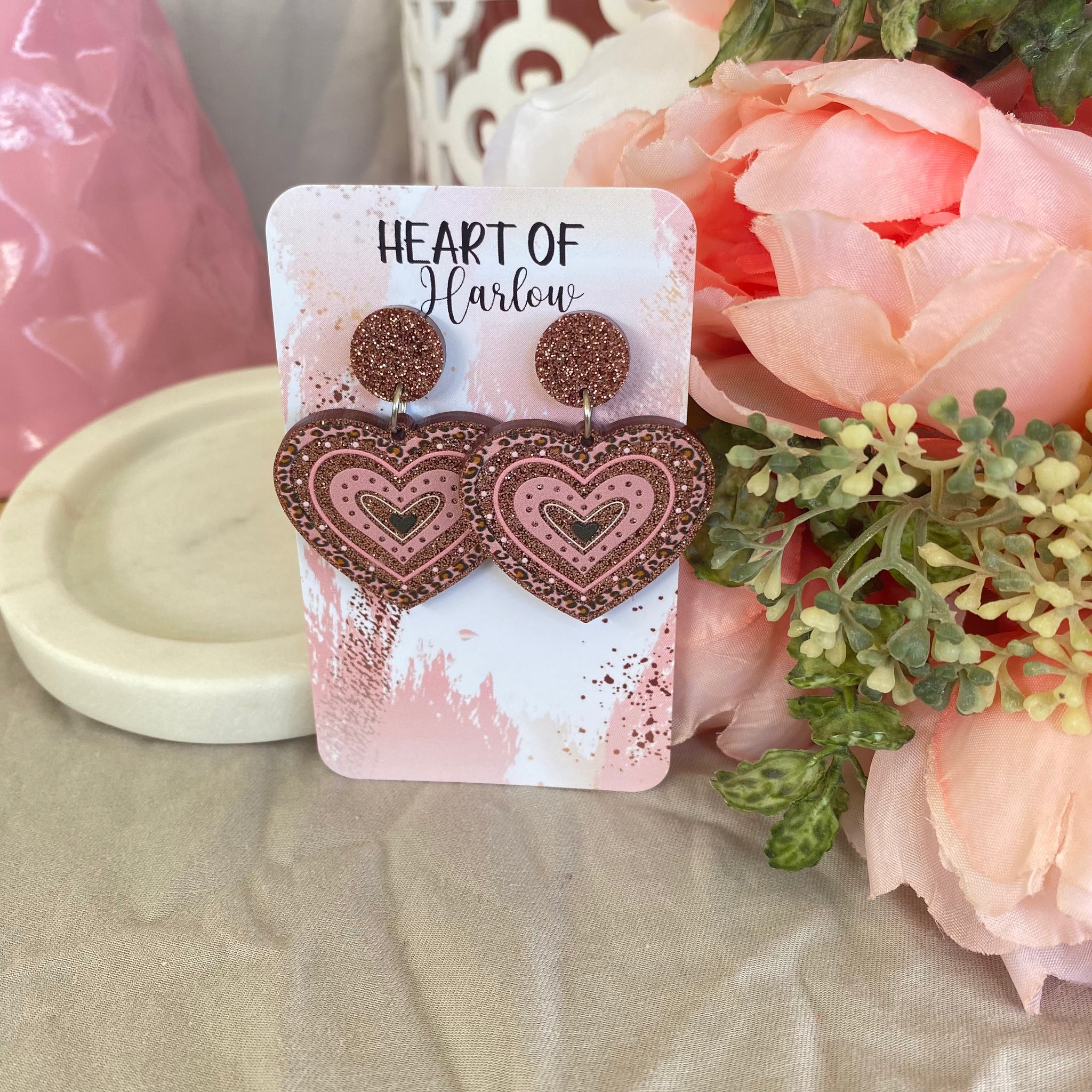 Brown Glitter Leopard Heart Dangle Earrings