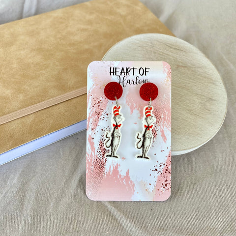 Striped Hat Cat Body Dangle Earrings