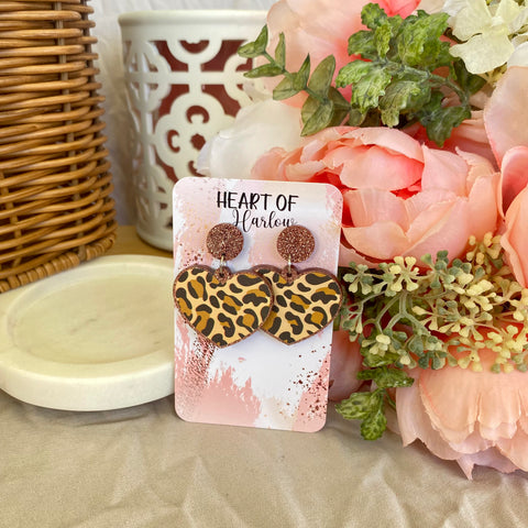 Glitter Leopard Heart Dangle Earrings