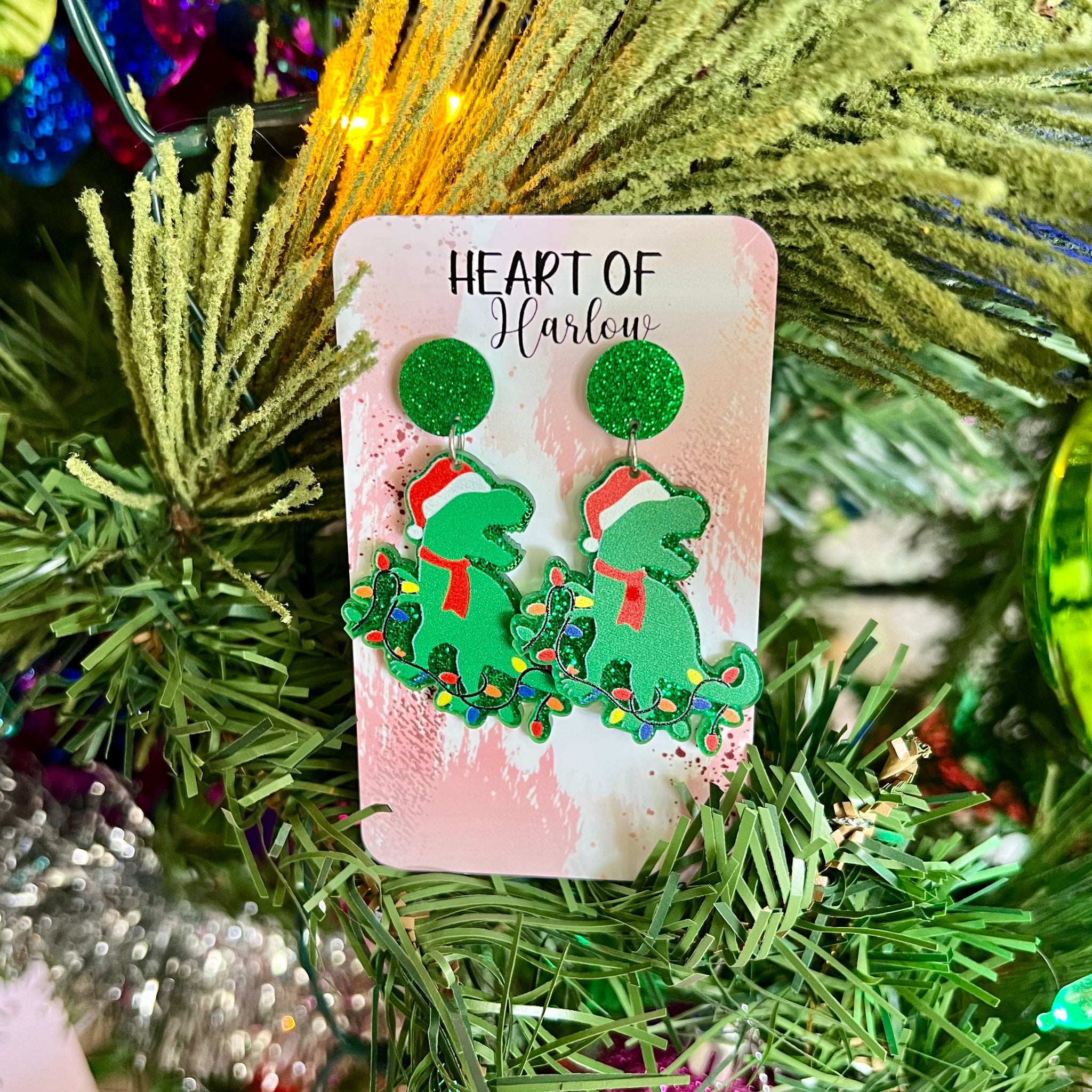 Christmas Lights T-Rex Dangle Earrings