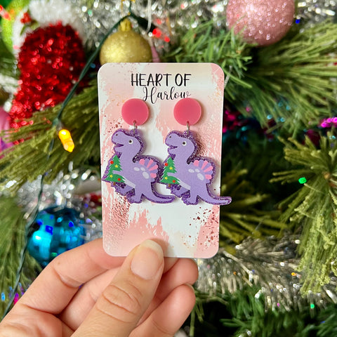 Purple Christmas Dinosaur Dangle Earrings