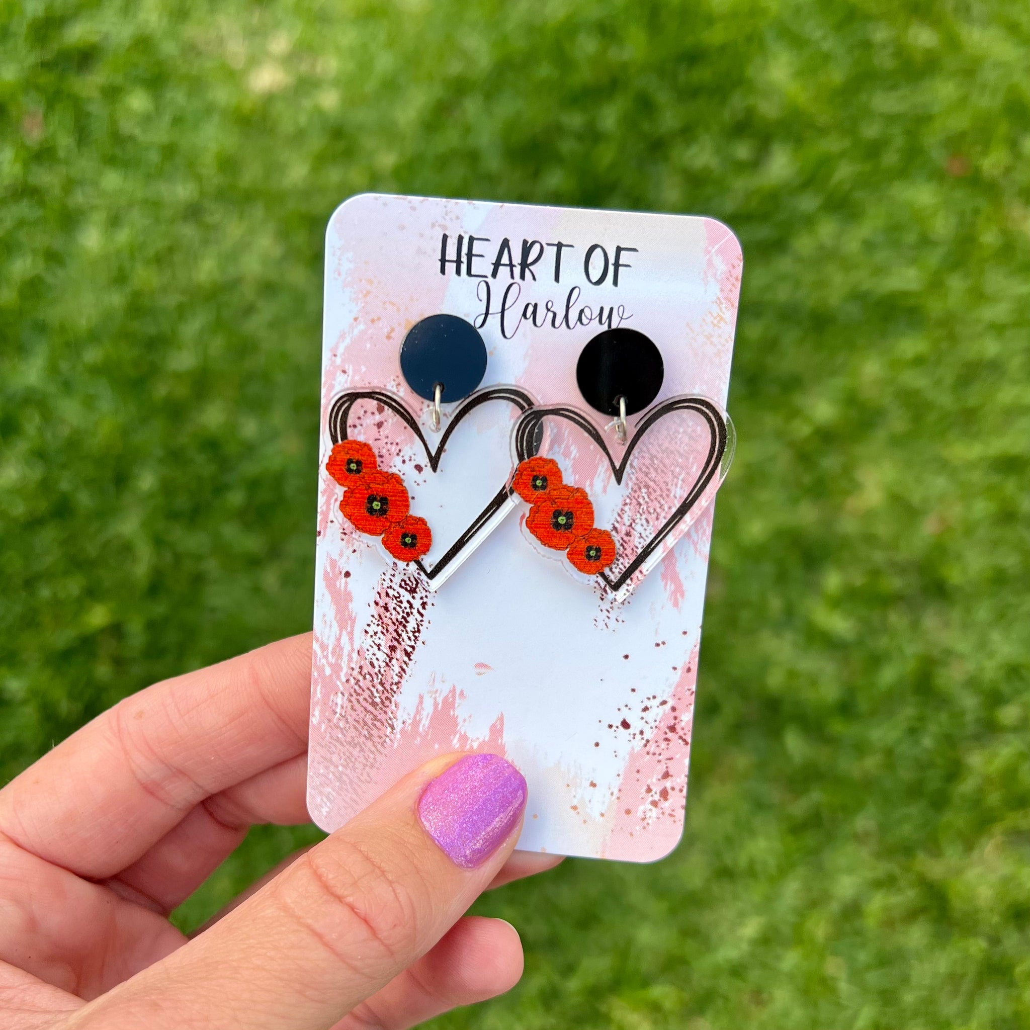 Poppy Flower Heart Dangle Earrings