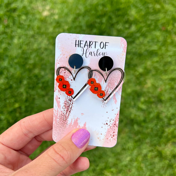 Poppy Flower Heart Dangle Earrings